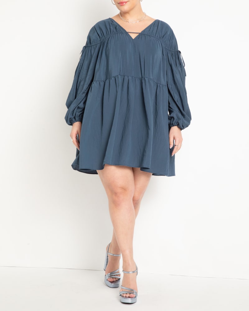 Front of a model wearing a size 14|16 Shirred Mini Dress in Big Dipper by ELOQUII. | dia_product_style_image_id:292818